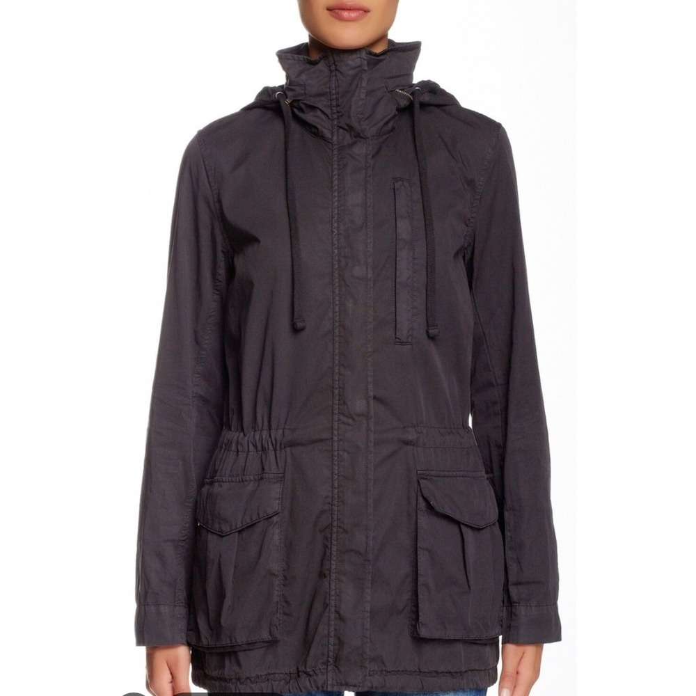 James Perse Women Black Utility Jacket Size 2 Hooded Field Coat Drawstring Waist